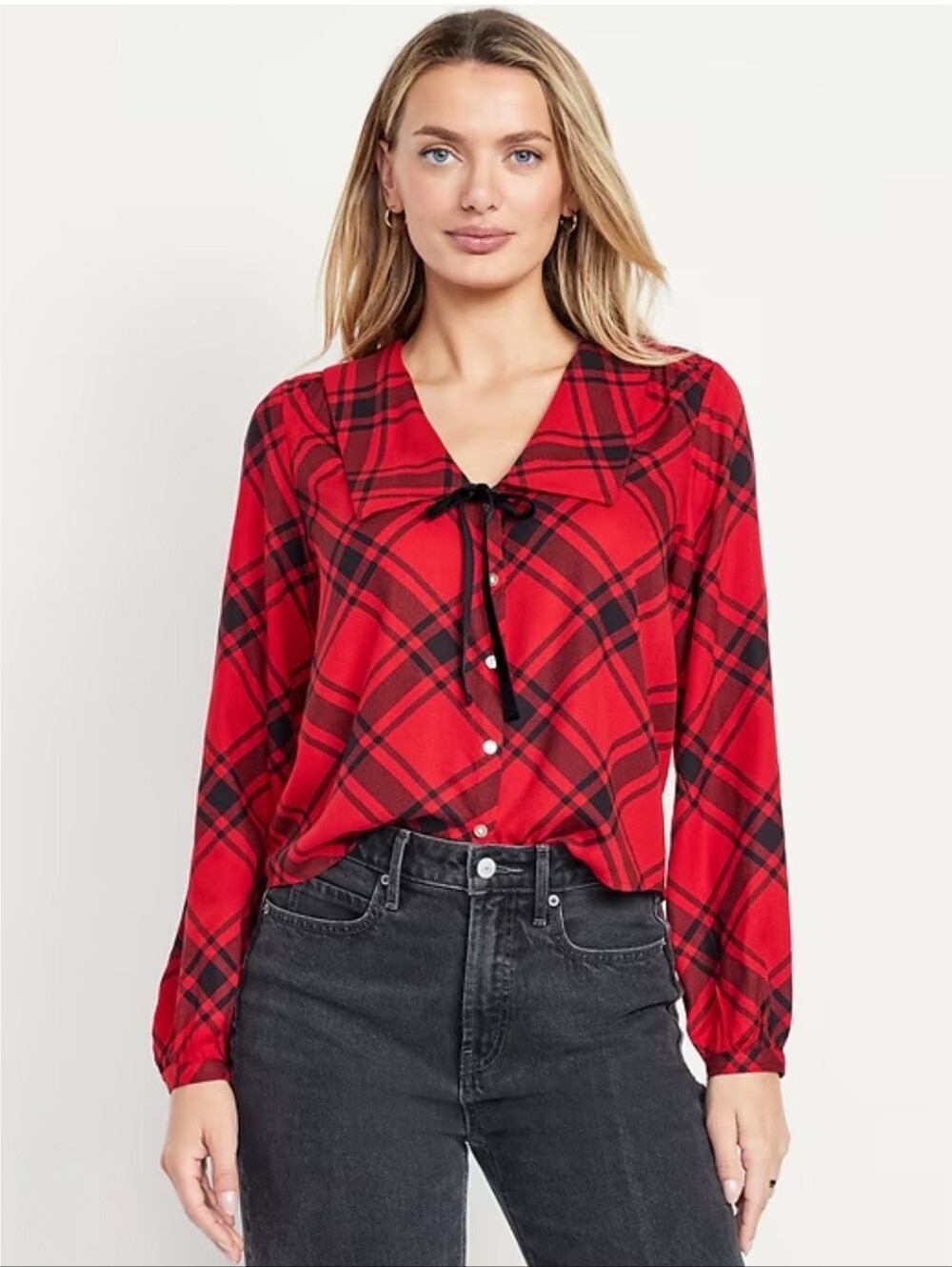 Old Navy Festive Red Plaid Black Bow Tie-Neck Women Button Down Holiday Shirt XL